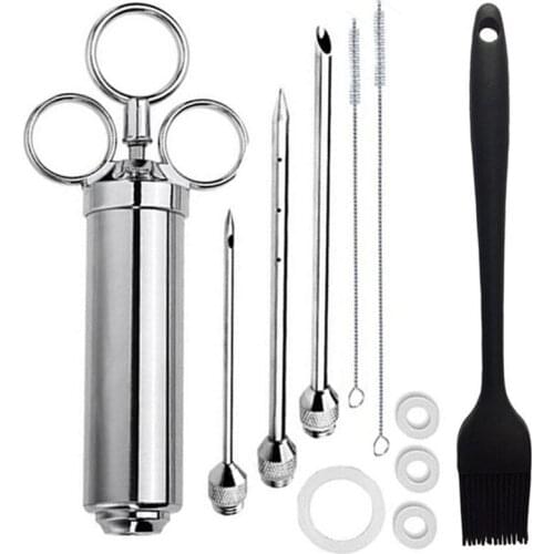 Stainless Steel Meat Injector Syringe Kit with 3 Flavor Food Injector Syringe Meat Needles, Injection Brine Marinades for Meat
