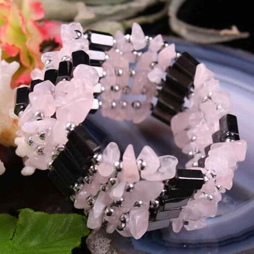 SUNYIK Pink Quartz Crystal Chips Stone Magnetic Hematite Beads Wristband Bracelet Choker Necklace