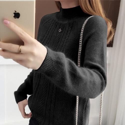 Autumn And Winter New Loose Korean Style Lazy Half High Neck Pullover Pure Color Threaded Sweater Womens Wild Short Base Sweater