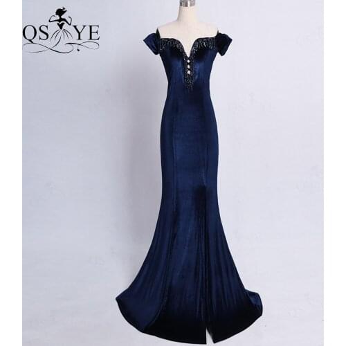 Navy Evening Dress Stretch Velvet Long Dress Mermaid Off Shoulder Evening Gown Bead Party Dress Side Sleeves Fitted Formal Gown