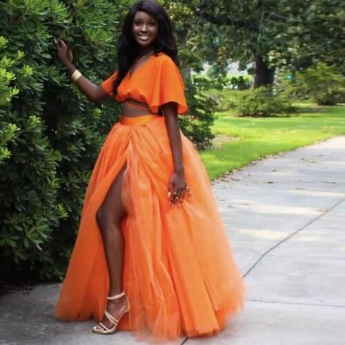 Trend 2021 African Orange Split Tulle Long Women Skirts Sexy A-line Mesh Tulle Maxi Skirt Zipper Birthday Party Tulle Skirt