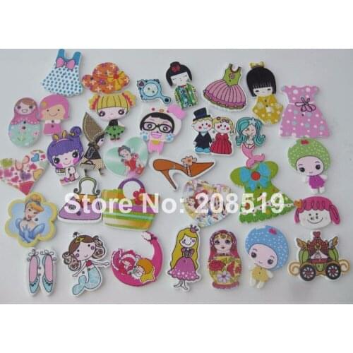 WBNSVW Many patterns mixed Girls buttons for children girls clothes ornaments 100pcs wood button flatback sewing DIY