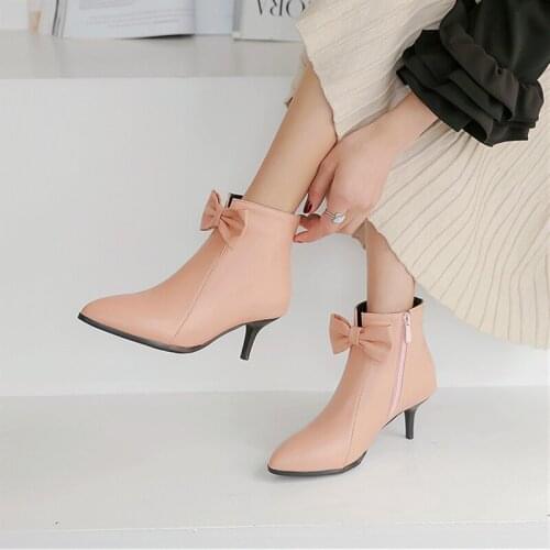Plus Size 34-48 New Sexy High-heeled Shoes Thin High Heels Ankle Boots Fashion Bowtie Women Shoe Pointed Toe Pumps Martin Boots