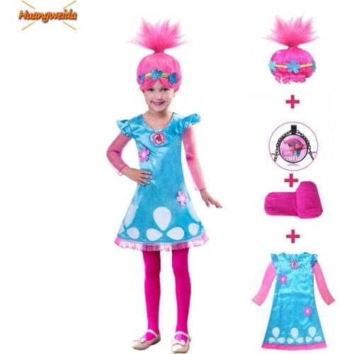 Trolls Girls Dresses Trolls Poppy Cosplay Costumes Girls Dress for Girls Halloween Costumes for Kids Fancy Party Dress Up Wig