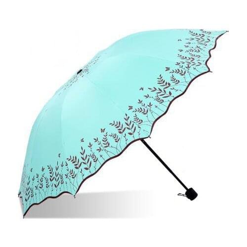 3 Fold 10 Ribs Flounce Edge Outdoor Sunshade Umbrella Lotus Leaf Meets Water and Blooms Sunny Umbrella Flower Printing Umbrella