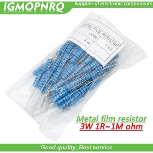 100pcs 3W Metal film resistor 1% 1R ~ 1M 1R 4.7R 10R 22R 33R 47R 1K 4.7K 10K 100K 1 4.7 10 22 33 47 4K7 ohm resistance