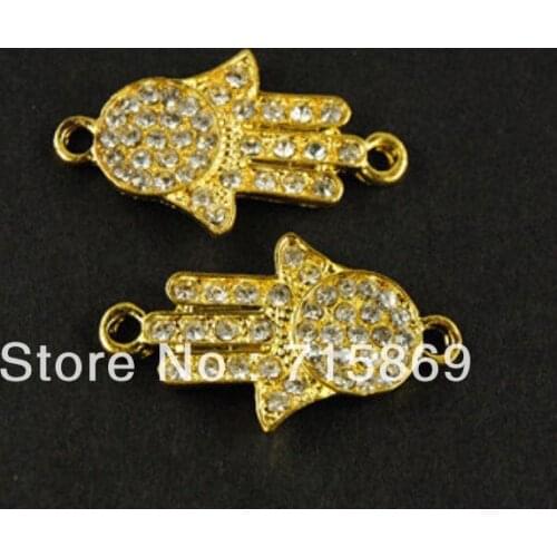 Free Shipping 100 pcs 30mmx18mm Gold tone Cyrstal Fatima Hamsa Hand Rhinestone Bracelet Connector