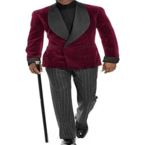 2021 Burgundy Double Breasted Blazer Grey Stripe Pant Men Suits For Wedding Slim Fit Male Dress Bridegroom Formal Groom Suits