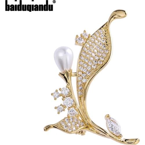 Baiduqiandu High Quality Women Cubic Zircon Flower Brooches Gold Plated Pearl Plant Collar Pins Suits For Shirts Hats Wedding