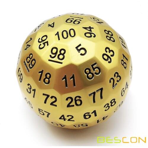 Bescon Solid Metal 100 Sided Dice, Game Dice D100, Giant Polyhedral Metal 100 Sides Dice 50MM in Diameter (1.97in), Matt Golden