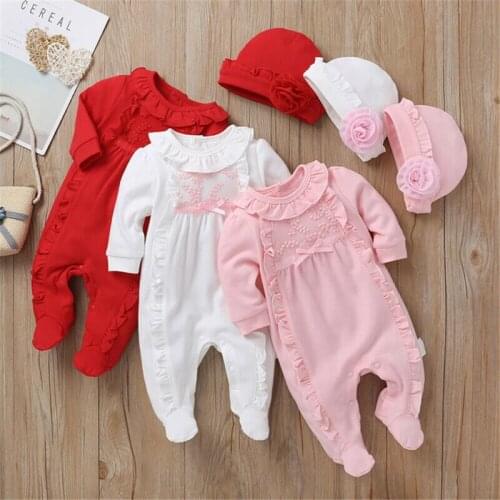 Newborn Toddler Infant Baby Girls Romper Outfits Set Cotton Floral Ruffles Solid Long Sleeve Jumpsuit+Hat Autumn Winter Clothes