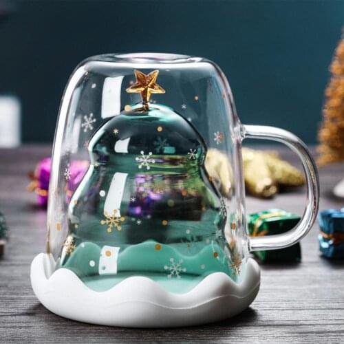 300ML Double Layer Glass Cup Xmas Tree Shape High Borosilicate Glass Heat-resistant Coffee Mug Kitchen Tools