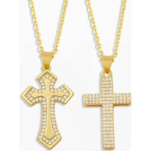 FLOLA CZ Pave Stone Cross Necklace Women Crystal Cubic Zirconia Pendant Necklace Gold Plated Jewelry Wholesale Gifts nket42