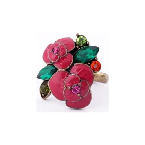 Green Crystal Leaves Pink Rose Flower Finger Rings Great Love Eternity Ring Antique Gold Color Rings Vintage Jewelry