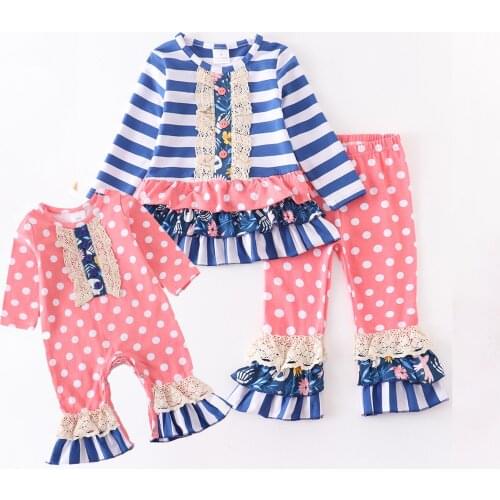Girlymax Fall/Winter Baby Girls Stripe Dots Romper Toddler Pants Cotton Ruffles Set Boutique Sisters Wear Kids Clothing