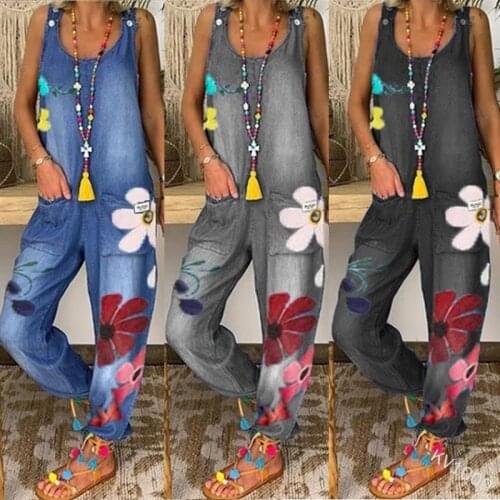 Women Plus Size Loose Floral Print Boho Jumpsuits Sleeveless Bib Overall with Pockets Romper Siamese Fashion Playsuits Bodysuit