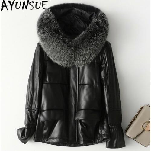 AYUNSUE Real Leather Down Jacket Women Fox Fur Collar Hooded Autumn Winter Sheepskin Coat Warm Woman Parkas Doudoune Femme 2020