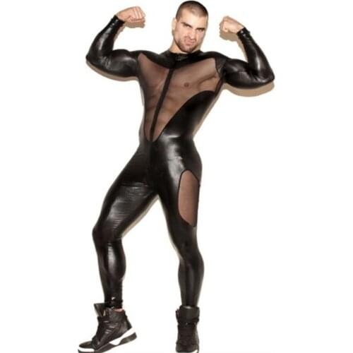 Latex Men Wet look Catsuit Faux Leather Mesh Jumpsuits Black Tight PVC Bodysuit Sexy Clubwear Men Lace Lingerie Fetish Body Suit