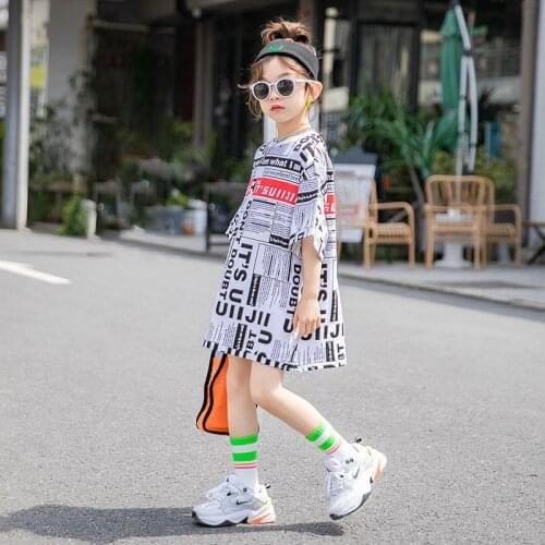 2020 Summer girls t shirt Baby long teen kids dress Children streetwear clothes newspaper full letter print 5-11 yrs