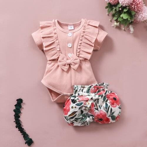 Baby Girls Clothes 2PCS Summer Outfits, Short Sleeve Button Front Ruffle Bodysuit + Floral Shorts Casual Set 0-18M
