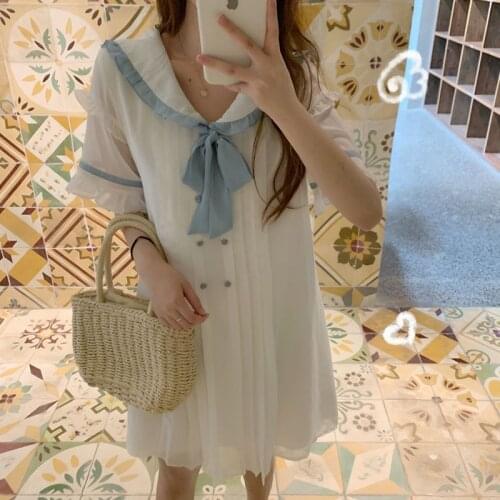Japanese New Harajuku Girls Soft Sister Vintage Peter Pan Collar Short Sleeve Cute Dress Women White Chiffon Kawaii Lolita Dress