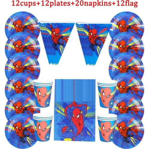56pcs Cartoon New Style Spiderman Disposable Tableware kids Birthday Party Paper Cups +Plates+Napkins+Flags Sets Party Supplies
