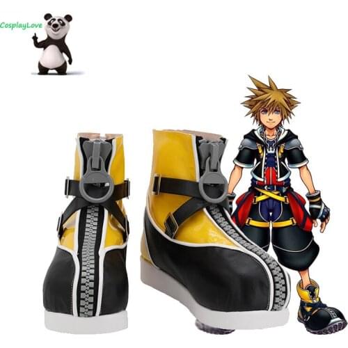 Kingdom Hearts 2 Sora Black Yellow Shoes Cosplay Long Boots Leather Custom Made For Party Christmas Halloween