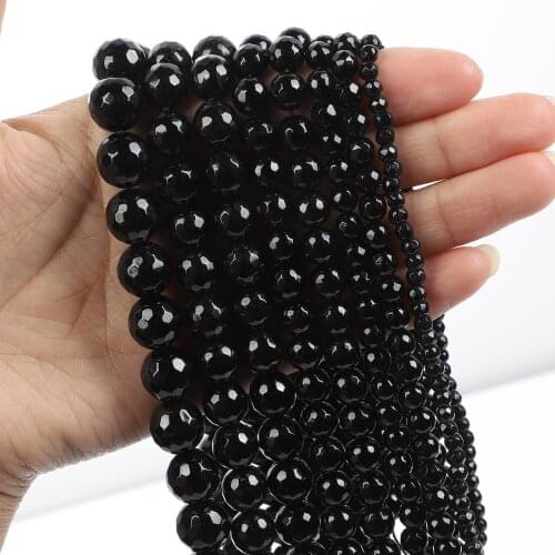 Natural Stone Faceted Black stone Charm Round Loose Beads For Jewelry Making Needlework Bracelet Diy Strand 4/6/8/10/12MM