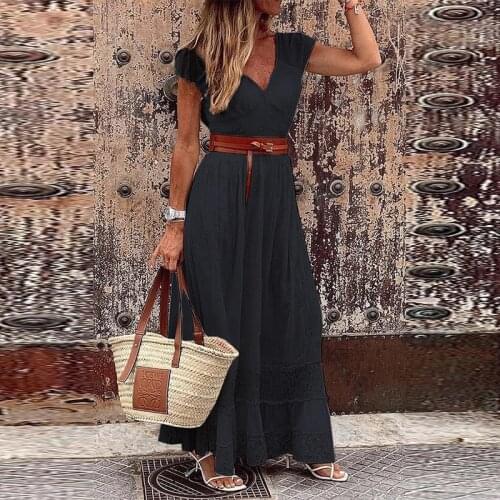Women Dress Summer Seaside Travel Outdoor New Ladies Fashion Loose Casual Lace Belt Stitching Mid-waist Solid Color Long Dress