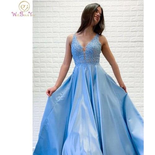 Prom Dresses 2020 A-line V-neck Floor Length Sky Blue Prom Gown with Lace Appliques Satin Illusion Evening Formal Party Gowns