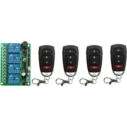 New RF Wireless Remote Controller Relay Switch System teleswitch DC12V 4CH 1pcs Receiver& 4pcs Transmitter Toggle Momentary