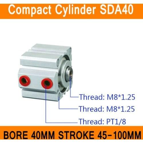 SDA40 Cylinder Compact SDA Series Bore 40mm Stroke 45-100mm Compact Air Cylinders Dual Action Air Pneumatic Cylinders ISO