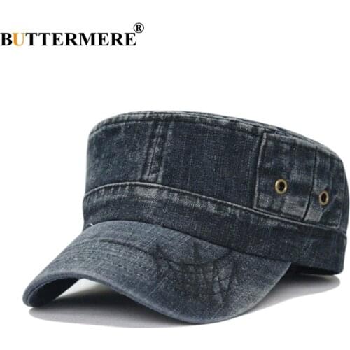 BUTTERMERE Army Hats Denim Mens Vintage Spring Summer Baker Boy Hat Male Casual Flat Top Jeans Beret Military Caps And Hats