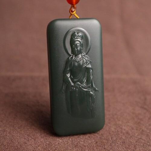 Xinjiang Hetian jade jade a fine standing stand Guanyin Bodhisattva pendant pendant mountain material black jade carvin hp312
