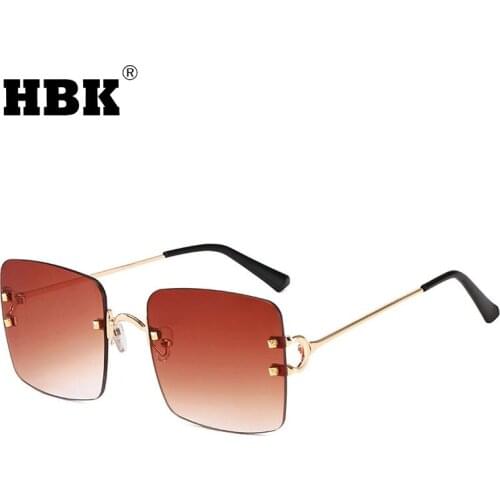 HBK Rimless Square Sunglasses Women Men Big Gold Frame Ladies Eyewear Luxury Brand Design Red Wine Tea Glasses UV400