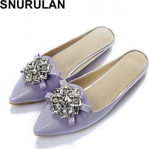 SNURULAN Patent Leather Patent Pumps Women Slippers Cute Rhinestone Flat Shoes Women Extra Large Size 43 Casual Women Shoes