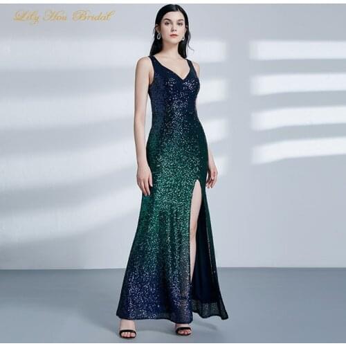Gradient Sequins Evening Dress V Neck Sleeveless Sparkly Prom Party Gowns with Split