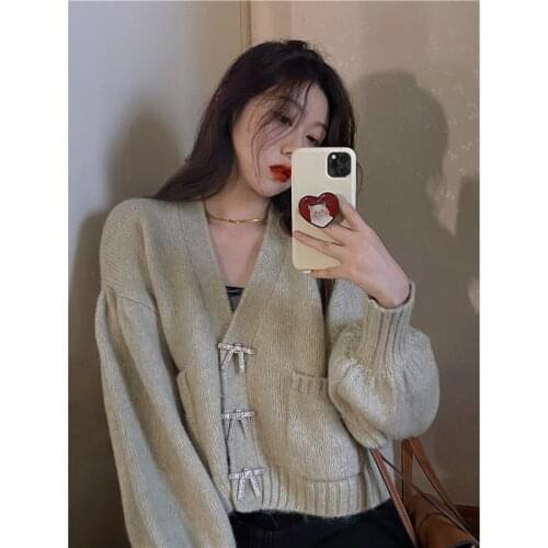 Knitted Cardigan Women Sweater Loose Hubble-Bubble Sleeve V-Neck Bow Solid Outwear New Autumn Casual Sweet Fashion Top