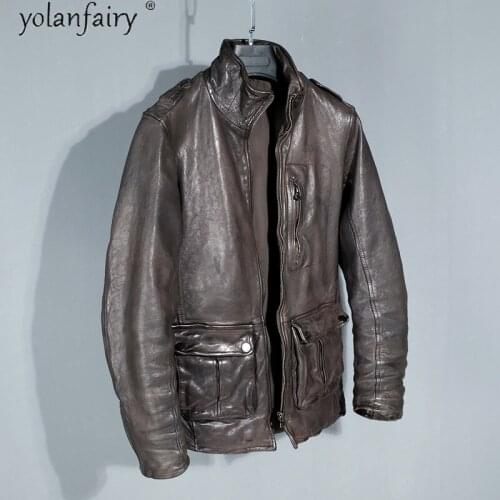 YOLANFAIRY 2020 Mens Genuine Leather Jacket Men Clothes Vintage Sheepskin Coat Man Autumn Motorcycle Jackets Veste Homme KJ