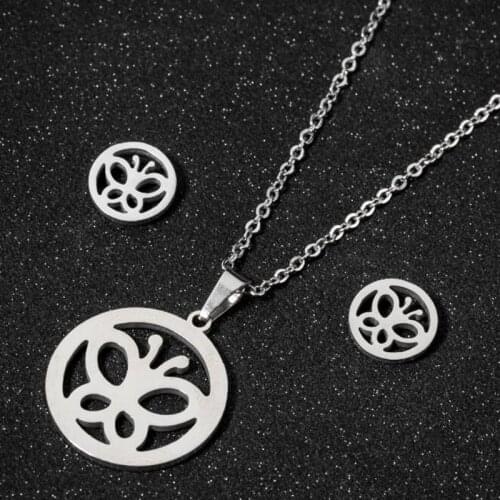 Ladies Cute Round Butterfly Pendant Necklace Earrings Unusual Girl Stainless Steel Small Jewelry New Year Gift Punching сережки