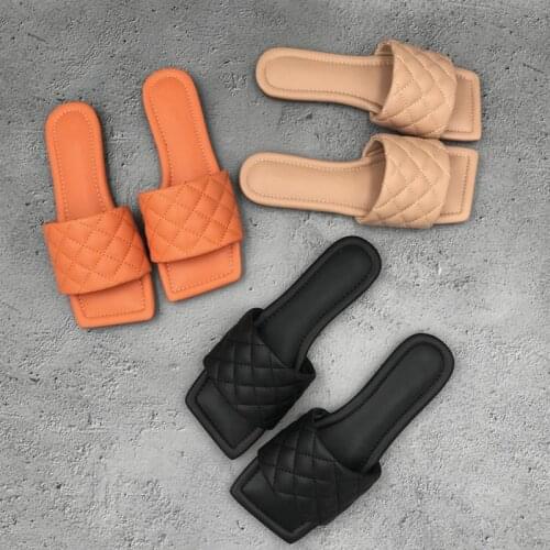 Bailamos Fashion Square Toe Women Flat Embroidery Slides Open Toe Indoor No-slip Slipper Casual Outdoor Beach Sandal Flip Flop