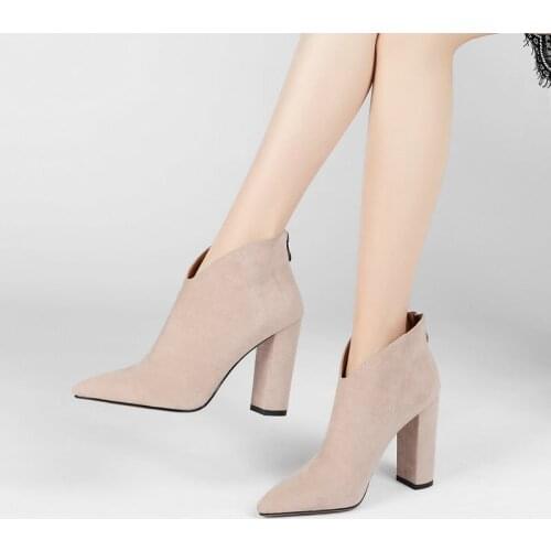 Ladies Suede Ankle Boots Spring Autumn Zipper Pointed Toe Womens Shoes Winter Fashion Square High Heel Plus Size Short Boots