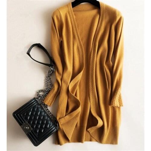 100%goat cashmere add thick jacquard knit womens fashion long cardigan sweater coat solid color S-2XL