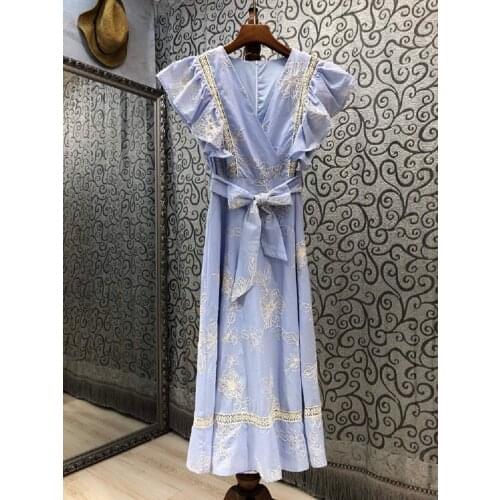 Hollow Out Embroidery Dress 2021 Summer Party Vintage Women V-Neck Ruffle Deco Mid-Calf Length Black Blue A-Line Cotton Dress