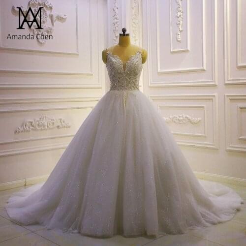 Vestido de novia Spaghetti Straps Lace Applique A-line Glitter Wedding Dress