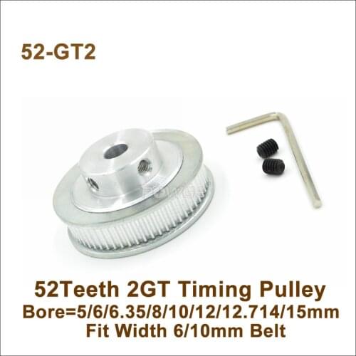 POWGE 52 Teeth 2GT Timing Pulley Bore5/6/6.35/8/10/12/14mm Fit W=6/10mm 2GT Synchronous Belt 52T 52Teeth GT2 Pulley 3D Printer