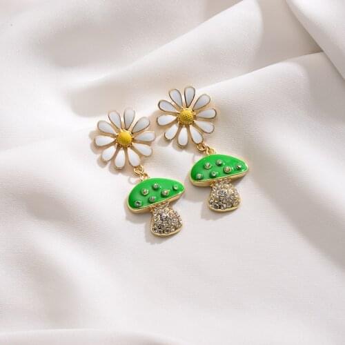2021 New Red Green Enamel Oil Drop Crystal Rhinestone Daisy Mushroom Shaped Pendant Earrings Jewelry For Women Girls Gift