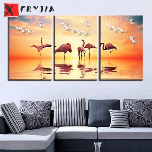 3pcs DIY Diamond Painting Home Decor Flamingos And Seagull Sunset Seascape,Triptych,full,diamond embroidery,mosaic painting