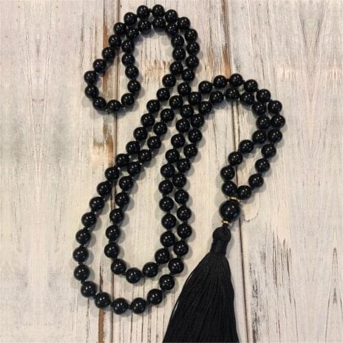 6mm black agate Gemstone knot tassel mala necklace Bless Buddhism Wristband Wrist Chic Handmade Reiki Chakra Lucky