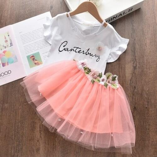 Kids Suits 2021 New Summer sleeves applique Clothes + Embroidery Pearl Mesh Dress Children Bubble Clothing Sets